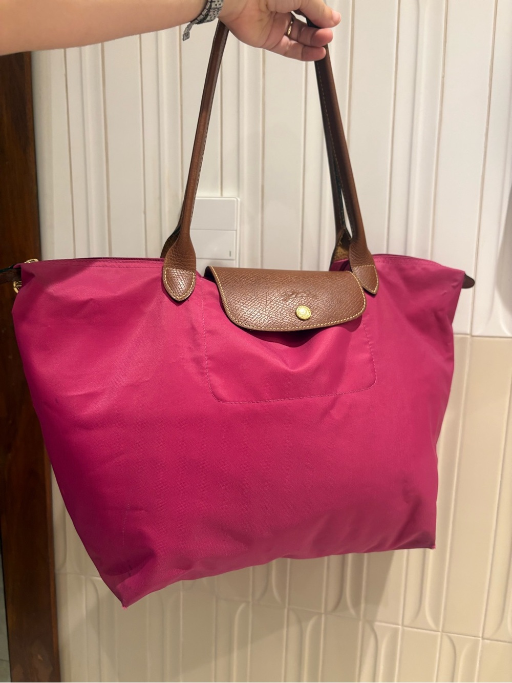 Longchamp Le Pliage Classic Tote Bag in Fuchsia with Brown Trim